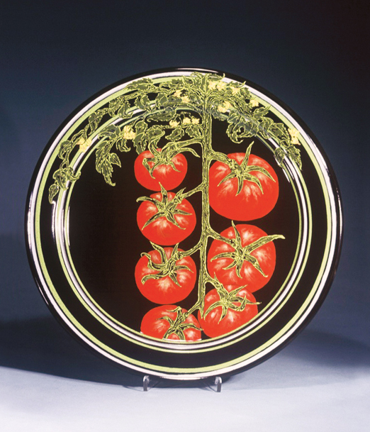 5 Platter with Tomato Vine, 26 in. (66 cm) in diameter, painted glaze on the same formula base glaze, fired to cone 6 in oxidation, 2005.