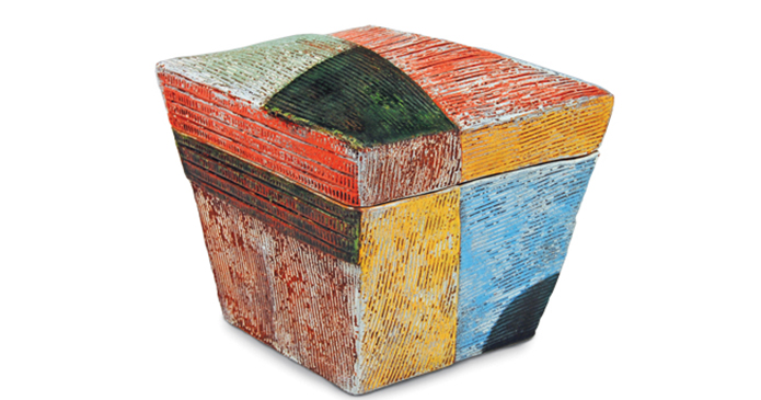 1 Box, 6 in. (15 cm) in height, terra cotta, terra sigillata, underglaze, glaze, fired to cone 04 in oxidation, sandblasted, 2016.