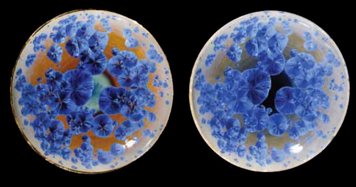 Finished shots of a plate with crystalline glaze containing titanium and cobalt, strike fired to cone 018, by Bill Boyd, Galliano Island, British Columbia, Canada.