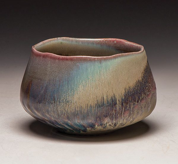 5 Teabowl, 4½ in. (11 cm) in height, triple glazed, frit dusted, wood fired to cone 9–10.