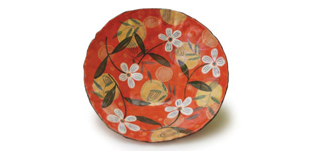 Nancy Gardner's bowl decorated with commercial glazes and underglazes.