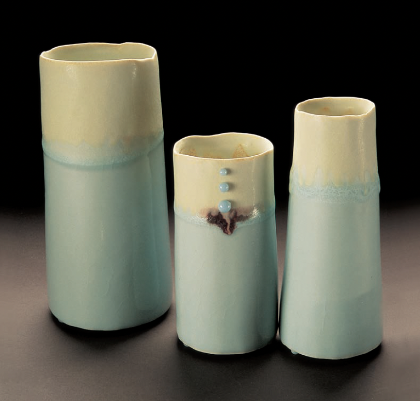 “Three Vessels,” 8 in. (20 cm) in height, porcelain, with Bone Ash and Sky Blue glazes, and Copper Sulfate and Sky Blue Glaze Kiln Jewels, 2005, by Mary Cay, Conifer, Colorado.