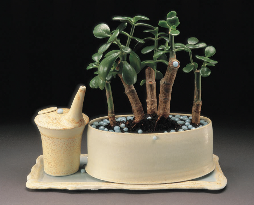 “Planter and Tray with Pouring Vessel,” 12 in. (30 cm) in height, porcelain, with Bone Ash Glaze and Sky Blue Glaze Kiln Jewels, 2005.