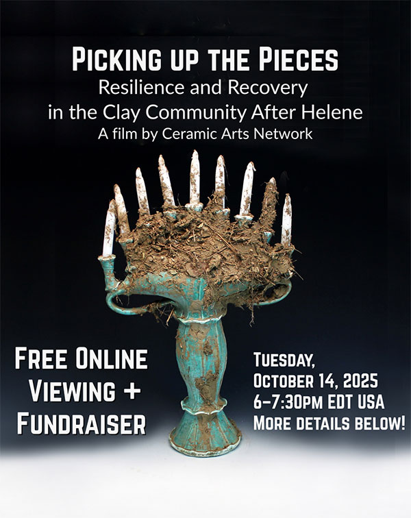 Photo of a ceramic candelabra covered in mud advertising a live premiere of a video about Hurricane Helene's impact on ceramic artists in Western North Carolina.