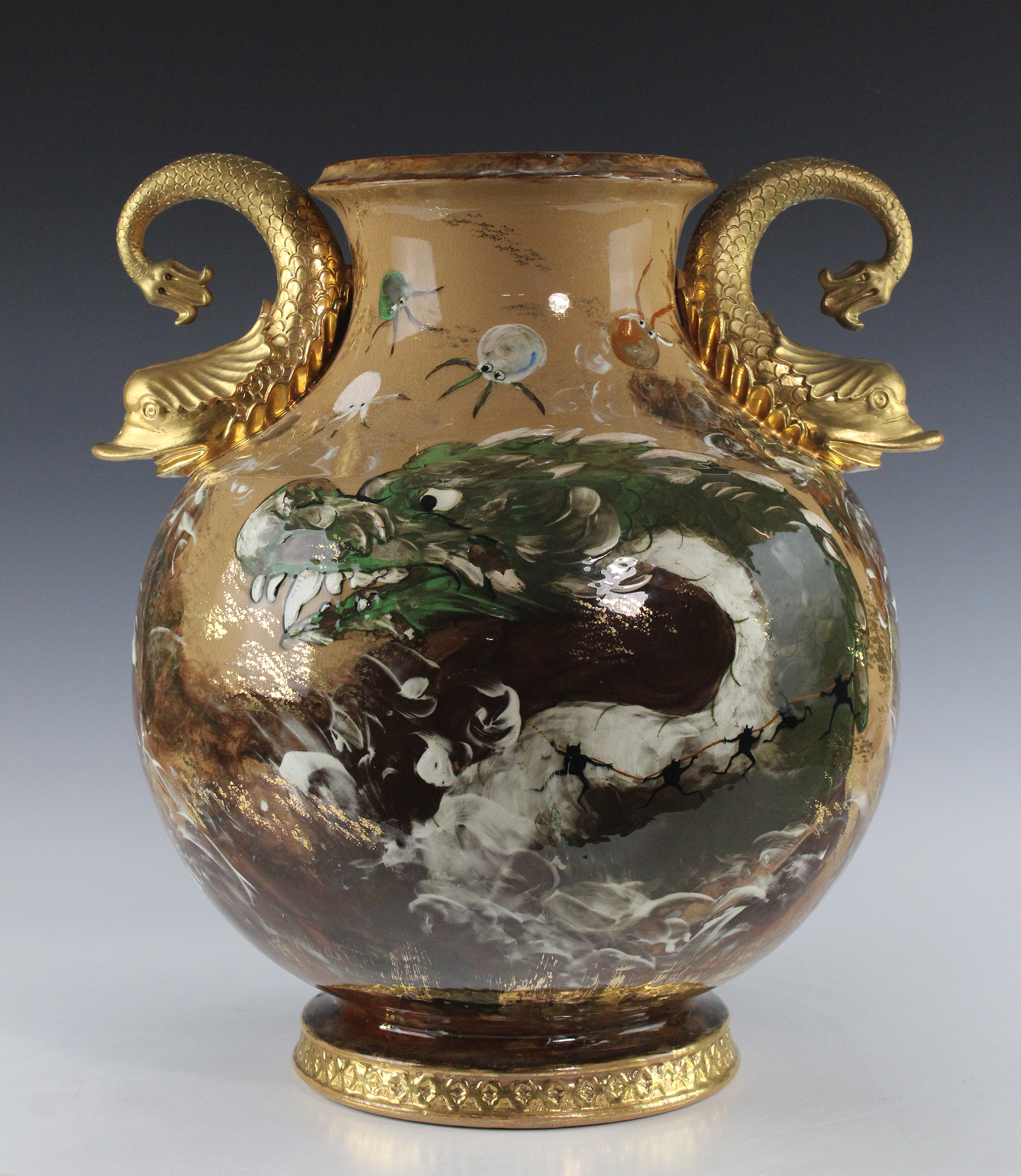 Rookwood Pottery Company (1880-1967), Limoges Vase featuring a Dragon, Attributed to Decorator Maria Longworth Nichols Storer (1849-1932), 1882, ginger earthenware, glaze, and slip. Purchase, Ayers Collection Fund, 2022.009.001.