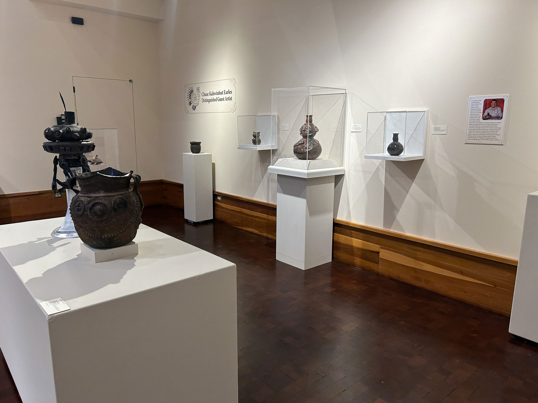Photo of Installation of work by invited artist Chase Kahwinhut Earles at the 25th San Angelo North American Ceramic Competition, 2024. Photo: San Angelo Museum of Fine Arts