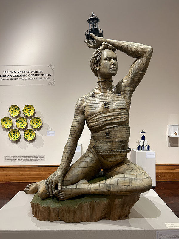 Photo of Installation of artwork (front: C.J. Carter, Lighthouse) in the 25th San Angelo North American Ceramic Competition, 2024. Photo: San Angelo Museum of Fine Arts