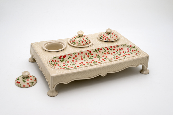 Celia Brandao’s Gift Box, 9 in. (23 cm) in length, clay, glaze, transfer, fired to cone 6, 2020.