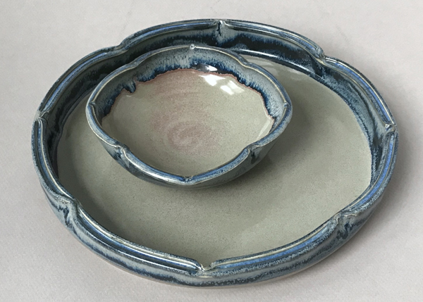 Lisa WB Walker’s At the Water’s Edge Chip and Dip (12oz dip bowl and 3 cup chip), stoneware clay, Amaco PC glazes, fired to cone 6, 2020.