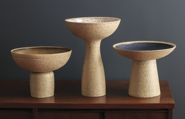 Three pedestal bowls, left to right: 8½ in. (21.6 cm); 141/2 in. (36.8 cm), 91/2 in. (24.1 cm) in height. All pieces: Laguna Miller 50 Clay, Amaco glazes, 2023.