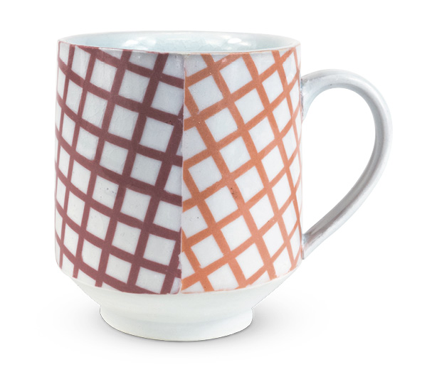 Red-and-orange mug, 5 in. (12.7 cm) in height, white and colored slip-cast porcelain, fired to cone 10 in reduction, 2023.