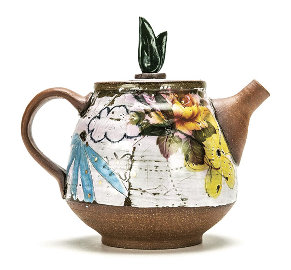 Teapot, 7 in. (18 cm) in height, red stoneware, underglaze, porcelain slip, sculpted leaf-shaped knob, fired to cone 6 in oxidation, 2023.