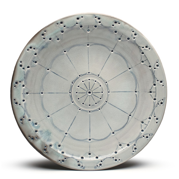 Rose Serving Platter, 17 in. (43 cm) in diameter, porcelain, wheel thrown, glaze-inlaid perforations, soda fired to cone 10, 2023.