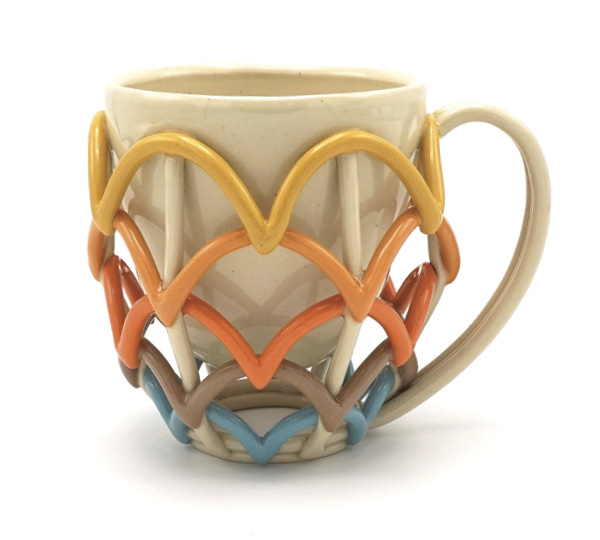 Sarah German's Arch Suspended Mug, 6 in. (15.2 cm) in height, B-Mix clay with Mason stains, fired to cone 6 in an electric kiln, 2024.