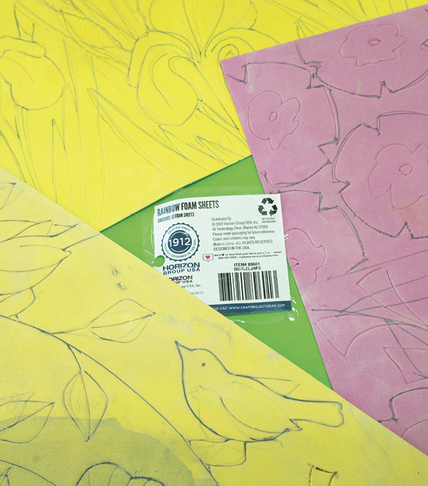 1 Craft foam sheets with patterns drawn on them. Press firmly with a pen to create indentions.