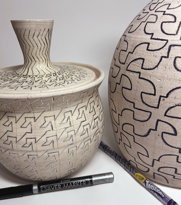 5 Trace the pattern with a resist that will repel glazes, create a sharp line, and will burn away in the firing.