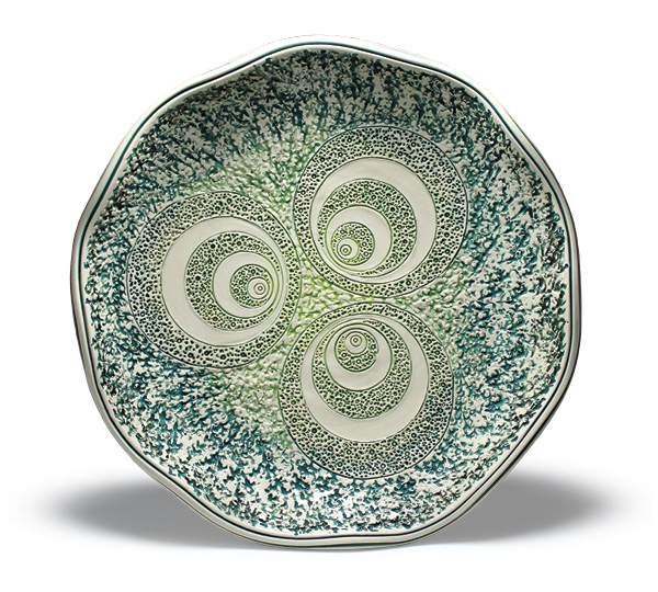 Jennifer Hill's Hypnotic, 12 in. (30.5 cm) in diameter, wheel-thown and altered porcelain, terra sigillata, underglaze, glaze, fired to cone 6 in an electric kiln, 2024.