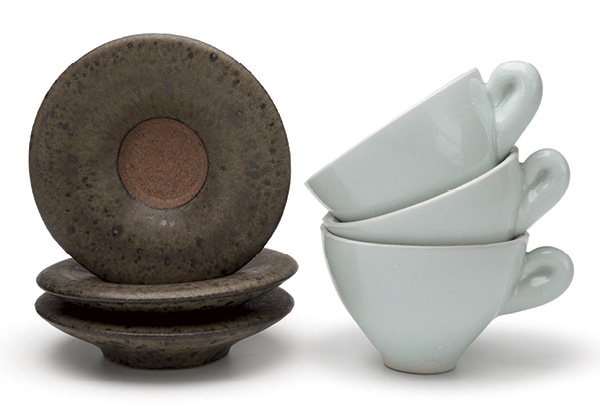 Espresso cups and saucers, porcelain, iron-rich stoneware, fired in reduction to cone 10, 2024.