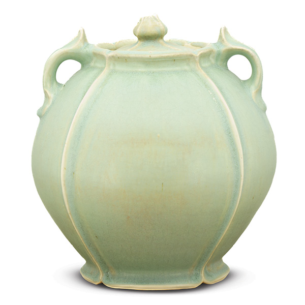 Chance Taylor's covered jar, 12 in. (30.5 cm) in diameter, wheel-thrown and altered porcelain, glaze, fired in oxidation to cone 10, 2024.