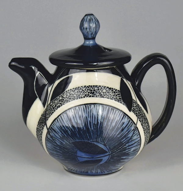 Alex Pratt's Plump Teapot with Sunburst, 9 in. (22.8 cm) in height, cone-6 porcelain, sgraffito, terra sigillata, fired in oxidation to cone 6, 2025.