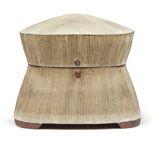 Brian Westrick's White box, 6¾ in. (17.1 cm), wheel thrown red stoneware,  applied surface texture, poured white glaze, white liner glaze, fired in oxidation to cone 6, 2024.