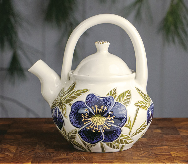 Dark Hellebore Teapot, 7½ in. (19 cm) in height, wheel-thrown cone-6 porcelain, underglaze, clear glaze, gold luster accents, 2022.