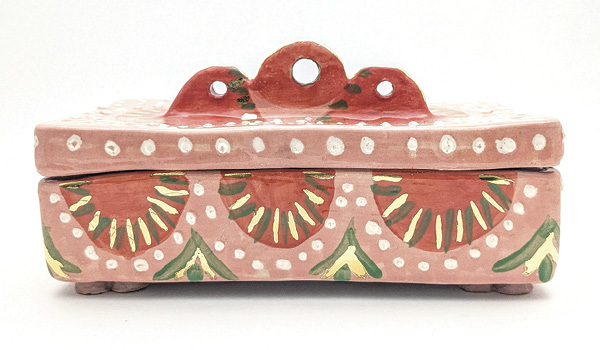 Pink Box for Treasures, 10 in. (26 cm) in length, slab-built earthenware, slip, underglaze, 2023.