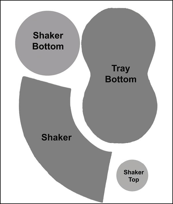 1 Enlarge the template to your desired size, then cut out two sets of the shaker, the shaker bottom, and the shaker top.