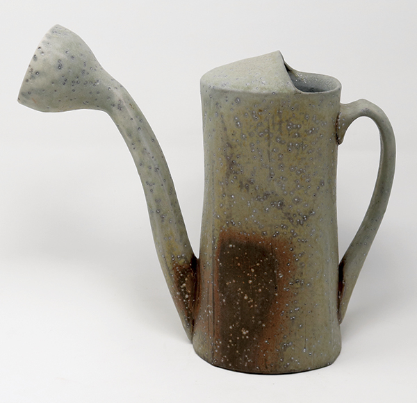 Watering can, 9½ in. (24 cm) in height. High-alumina porcelaneous stoneware, soda fired to cone 10 in reduction, reduction cooled to 1666°F (908°C), 2023.