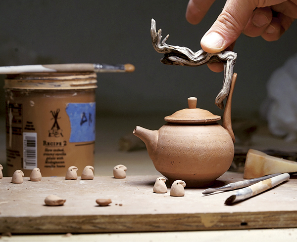 Teapot with Wood Carved Handle