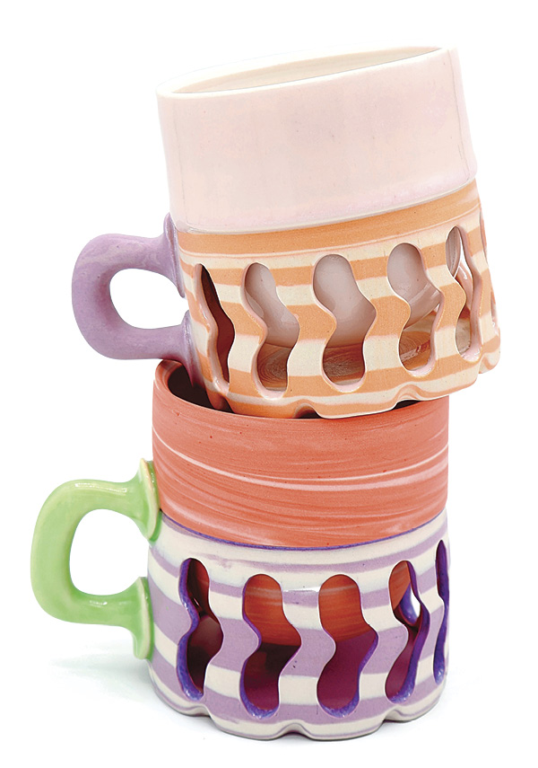 Lyndee Deal's Stacked squiggle mugs, wheel-thrown and altered Grolleg porcelain, Mason stain, fired in oxidation to cone 6.
