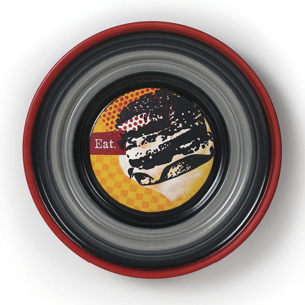 Frank James Fisher's Eat. | Tondo Plate, 8¼ in. (20.9 cm) in diameter, wheel-thrown porcelain, UV printing plate impression, underglazes, glazes, fired in oxidation to cone 5, 2026.