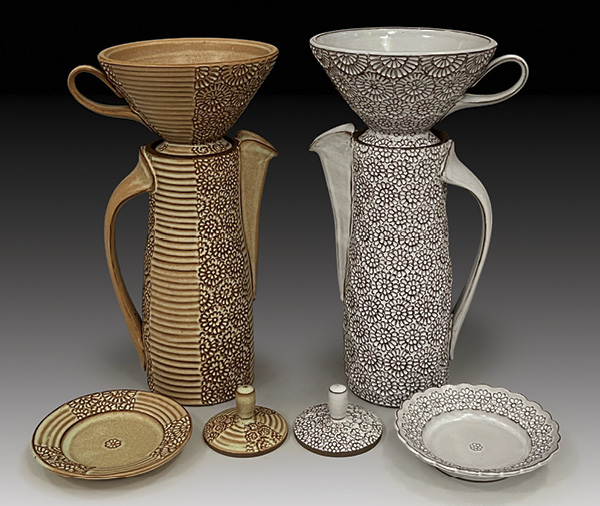 Two examples of Matt Hiller's finished coffee pour-over sets.