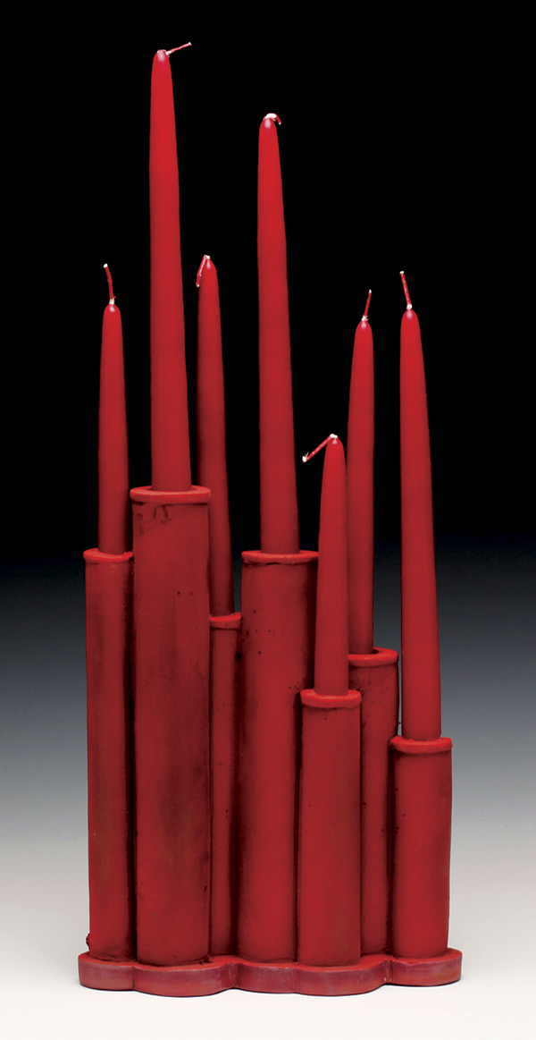 Candelabra, 11 in. (28 cm) in height), handbuilt with cone-3 red clay, underglaze, and glaze, fired in an electric kiln, candles, 2022. Photo: Ali Schrubba.