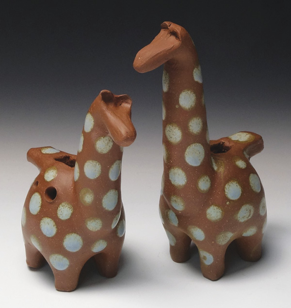 Alpacarinas, to 5 in. (12.7 cm) in height, wheel-thrown and altered, glaze dots on red stoneware, fired in oxidation to cone 6, 2020. Two 2-hole/4-tone ocarinas; necks are not part of the resonating cavities.