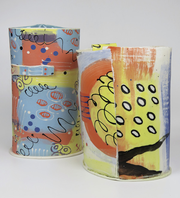 Donna Bloye's finished vessels showing a wide range of dynamic marks that can be made using the monotype process. The mark making is spontaneous, using both brushes and slip trailers, with vivid and uplifting colors that have been further enhanced by two coats of HG Tile Protector.