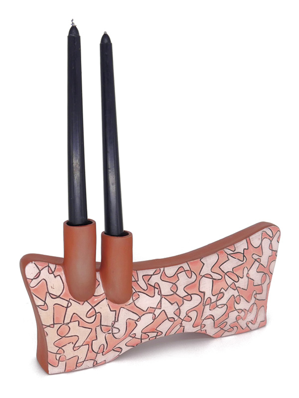 Taylor Mezo's Formica Candelabra, 16 in. (40.6 cm) in length, red earthenware, terra sigillata, glaze, 2023.