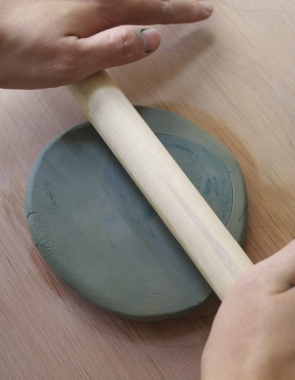1 Roll out the colored slab, flipping it between passes with the rolling pin.