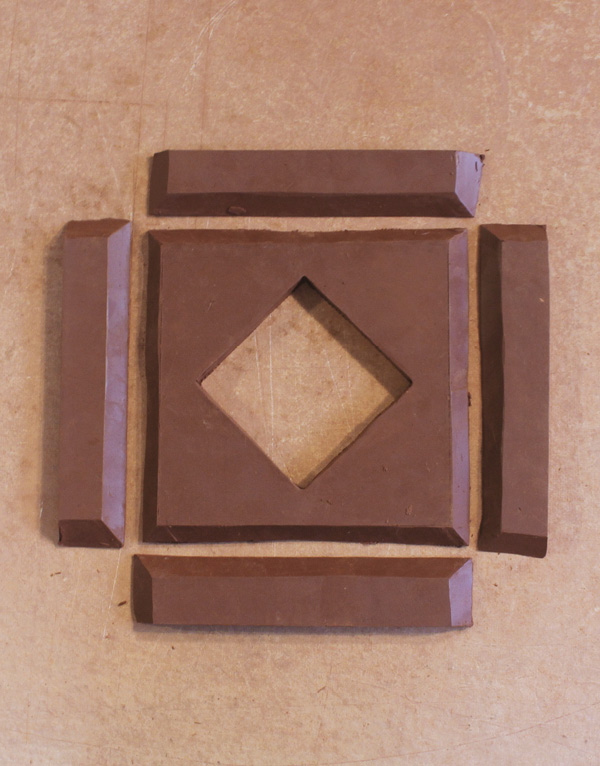 5 Bevel frame and three edges of each side, trimming strip length down as needed.