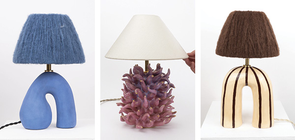 A selection of Hannah Simpson’s ceramic lamps. The lamps on the left and right sides are slip cast and the middle lamp is handbuilt. All of the lampshades are handmade by Simpson, and most of the materials are sourced from www.dannells.com.*