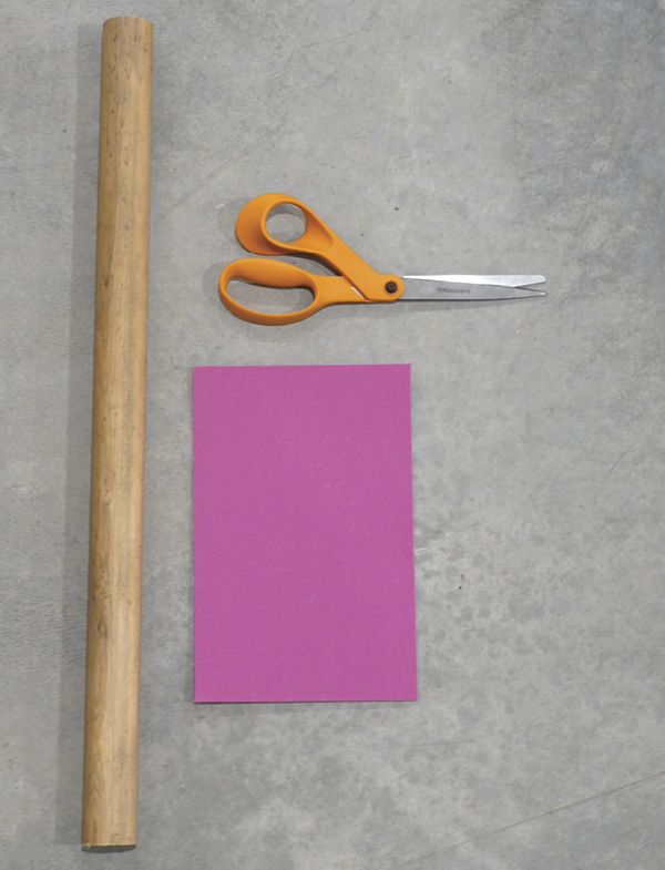 1 Supplies: adhesive-backed craft foam, a wooden dowel, and scissors.