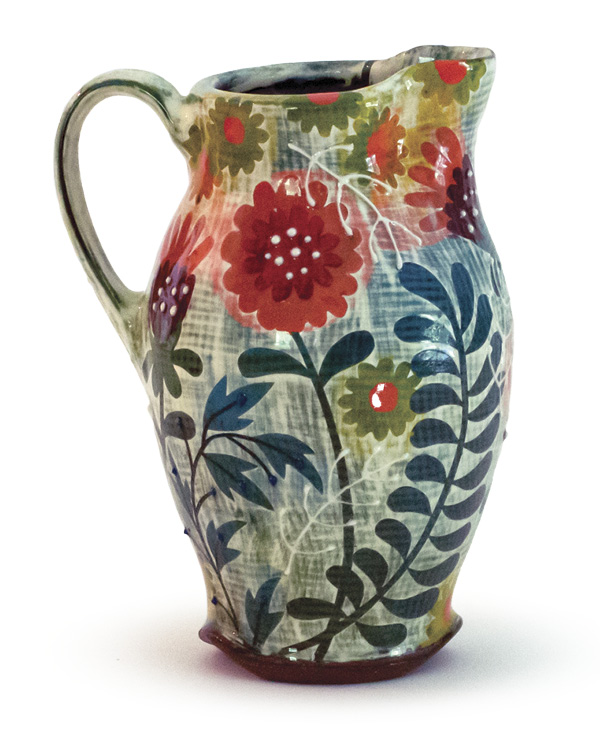 Wild Flowers Pitcher, 9 in. (23 cm) in height, red earthenware, underglaze. All pieces fired to cone 2 in oxidation.