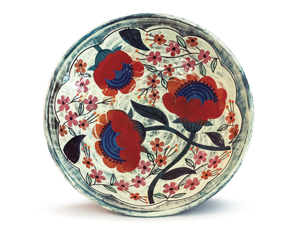 Poppy Platter, 16 in. (41 cm) in diameter, red earthenware, underglaze, slip, terra sigillata, fired to cone 2 in oxidation.