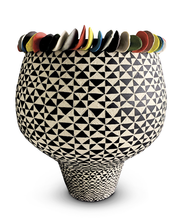 Bashar and Roula Jarjour’s Rainbow 3, 10 in. (25 cm) in height, porcelain, underglaze, sgraffito, fired to cone 6, 2023.