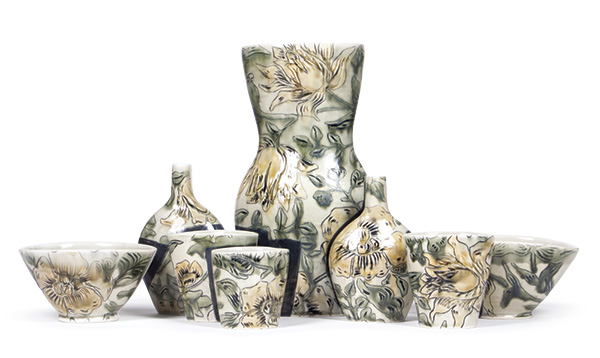 Charlotte Middleton’s Wallpaper, Still Life, 22 in. (56 cm) in length, porcelain, wax resist, underglaze, glazes, fired to cone 9 in reduction, 2023. Photo: Edward Ray.