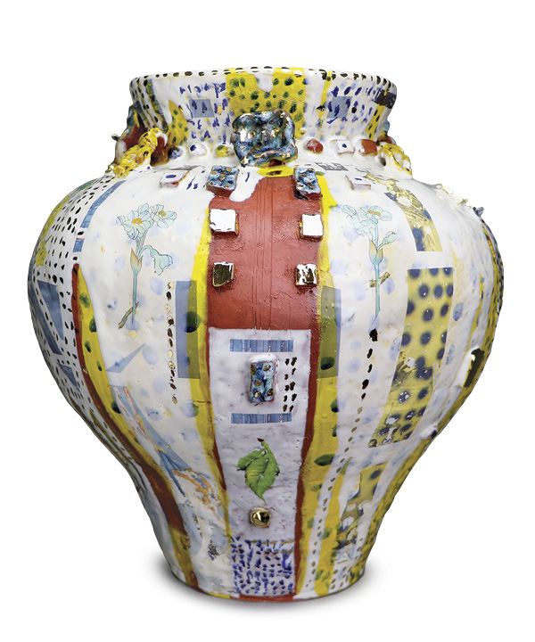 Elissa Armstron’s Removal of the Lee Monument: a commemoration with yellow, 15 in. (38 cm) in height, earthenware, red-and-white terra sigillata, underglaze, glaze, oxides, fired to cone 04 in oxidation, decals (made and found), luster, 2022.