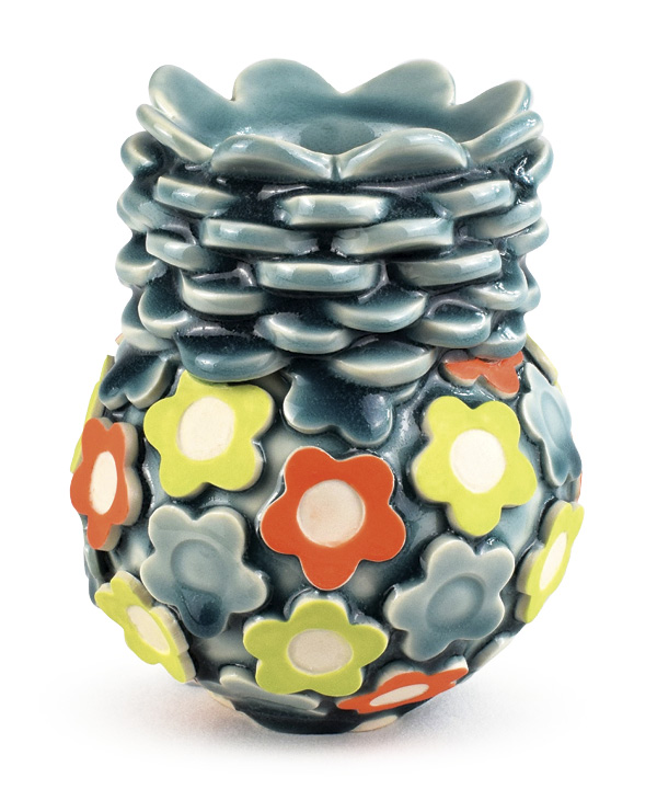 Indigo Cristol’s Groovy Vase, 8 in. (20 cm) in height, slab-built porcelain, underglaze, glaze, applique, fired to cone 6, 2022.