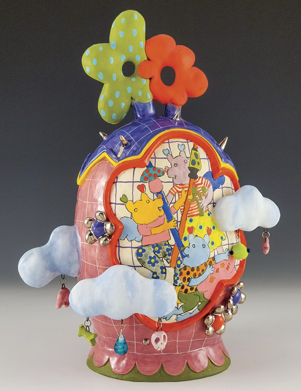 Chanakarn Semachai's Studio Slumber Party jar, 12.5 in. (31.8 cm) in height, stoneware, underglaze, glaze, fired in oxidation to cone 6, luster, glass. Photo: Eric Botbyl.