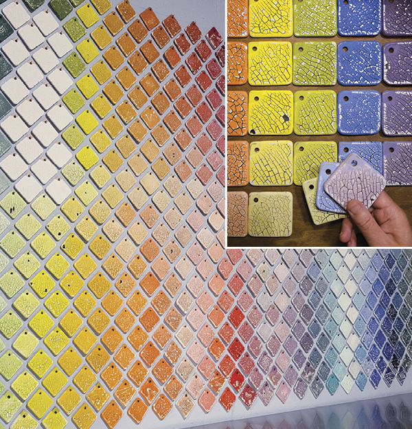 Eric Botbyl's handmade tile wall featuring 500 uniquely blended underglazes. Inset: Tinted underglaze tiles pulled from the wall to form a color palette.