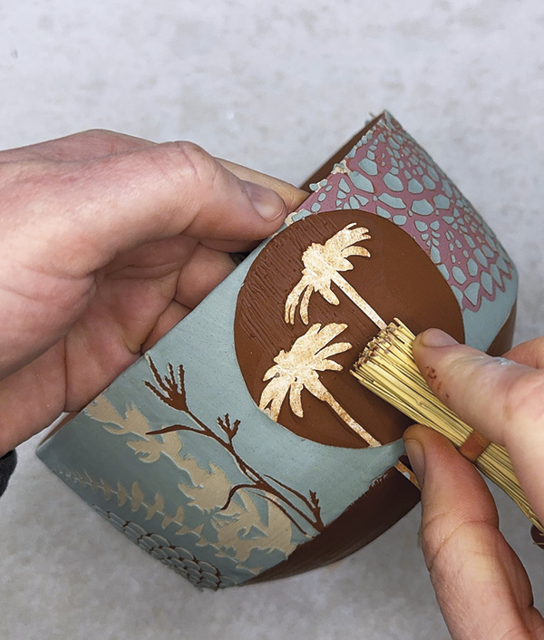 11 Use a straw brush to add texture to the etched area around the stencil.